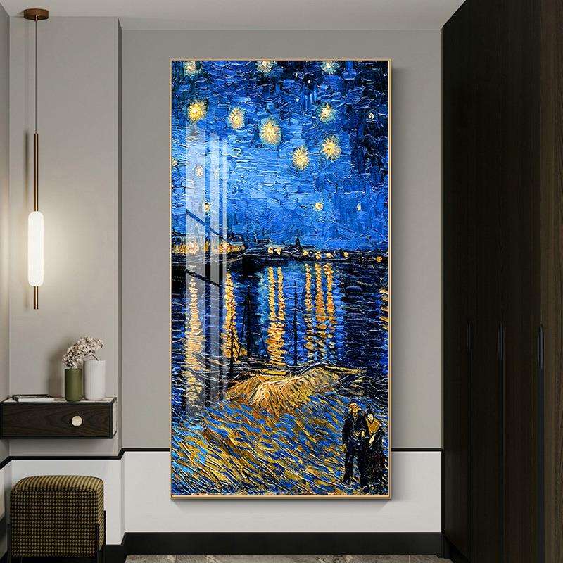 梵高名画玄关装饰画竖版现代简约走廊墙壁画麦田星空丰收油画挂画