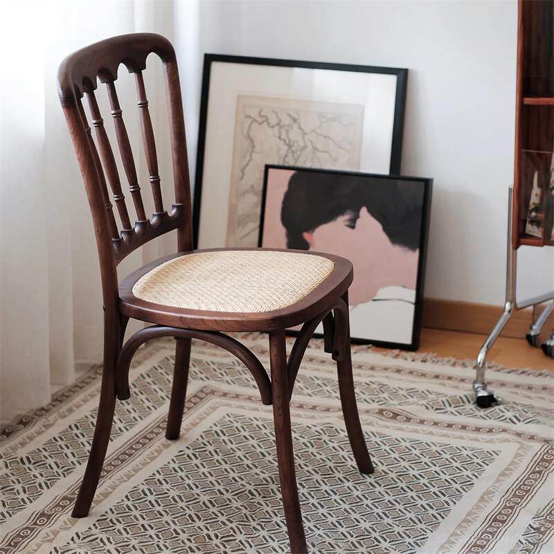 美式覆古实木藤编餐椅咖啡厅甜品店桌椅组合家用中古法式靠背椅子