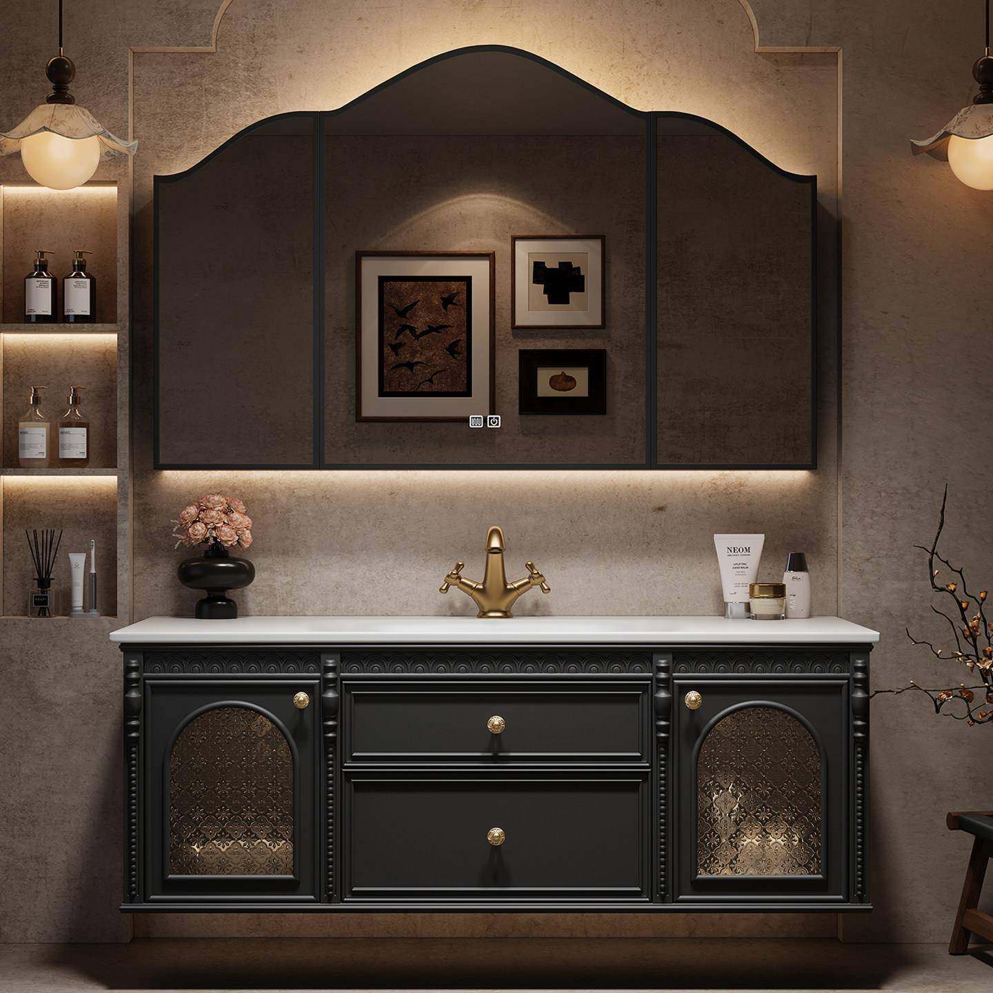 法式复古橡木浴室柜组合卫生间岩板一体盆洗漱台洗手洗脸盆卫浴柜,家装主材,浴室柜组合,淘宝优惠券,粉丝福利购,淘宝优惠卷