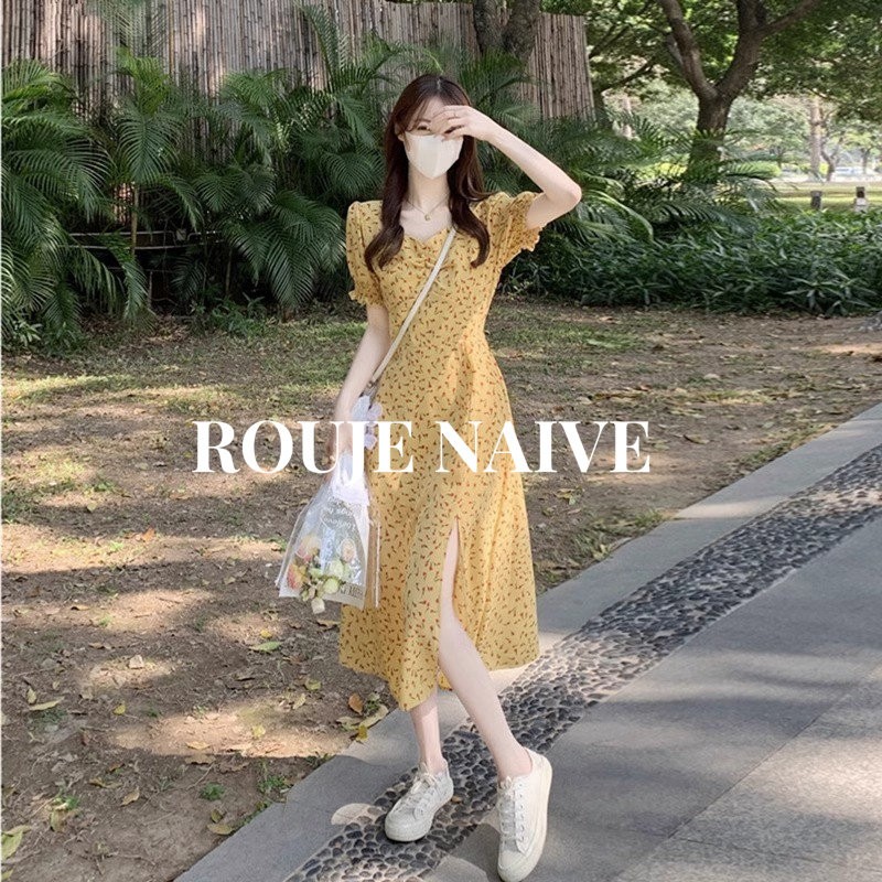 ROUJE NAIVE茶歇碎花雪纺连衣裙女夏季新款收腰显瘦开叉中长裙子