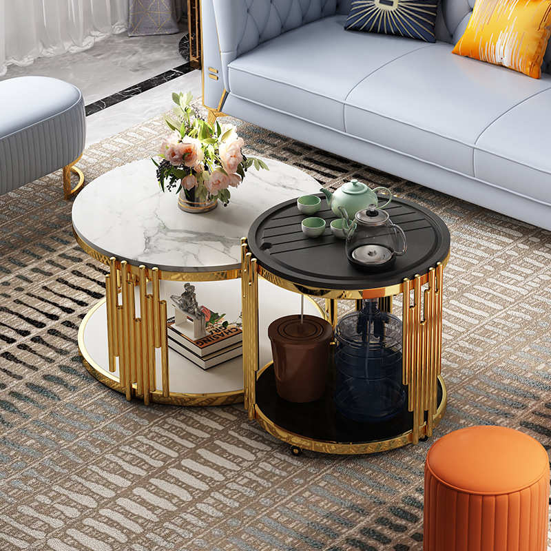 轻奢岩板茶几大小圆组合不锈钢简约客厅可移动茶台大小户型泡茶桌