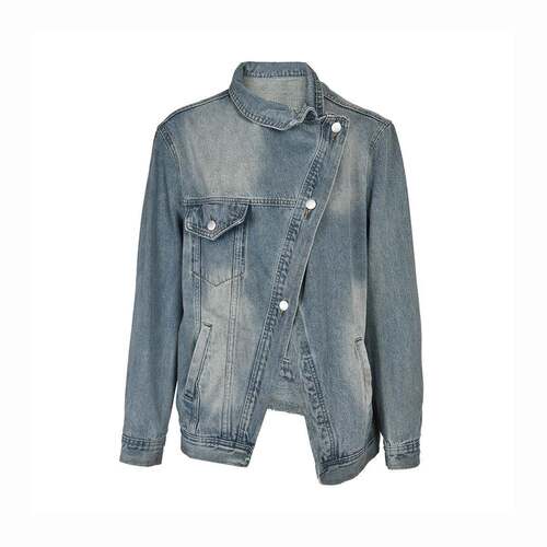 Womens Vintage Washed High Neck Asymmetric Button Loose