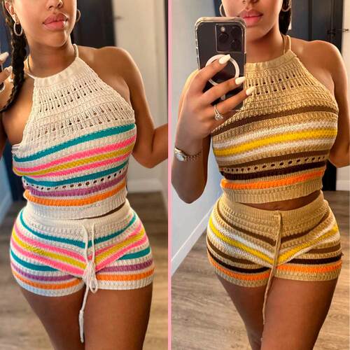 Women Striped Print Co ord Set Matching Clothing Casual
