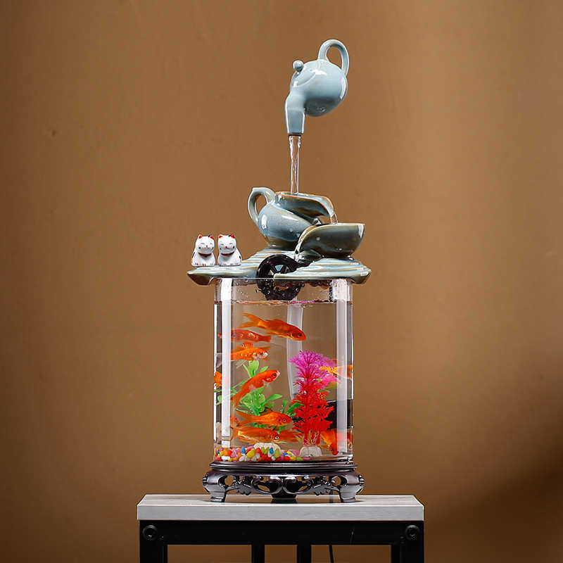 客厅摆件创意办公室装饰流水鱼缸玄关悬壶礼品桌面小型玻璃造景,家居饰品,流水摆件,淘宝优惠券,粉丝福利购,淘宝优惠卷