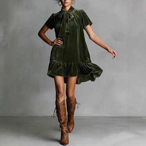 Velvet skirt short sleeved ruffle edge dress