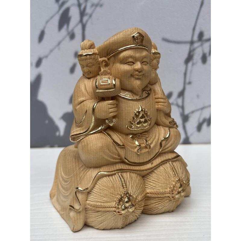 描金桧木精雕三面大黑天佛门七福神护法财神人物实木工艺品家居