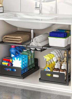 抽拉式置物架下拉式收拉筐厨下水槽置物架水槽下抽收纳纳CNL房架