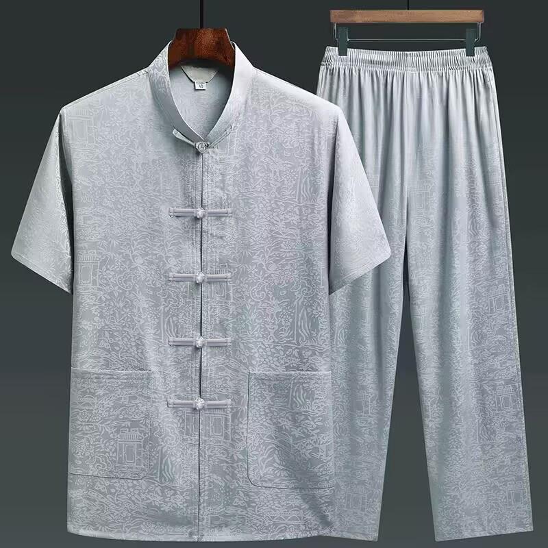 唐装男中老年爸爸夏装短袖套装中国风父亲冰丝衣服爷爷装生日汉服