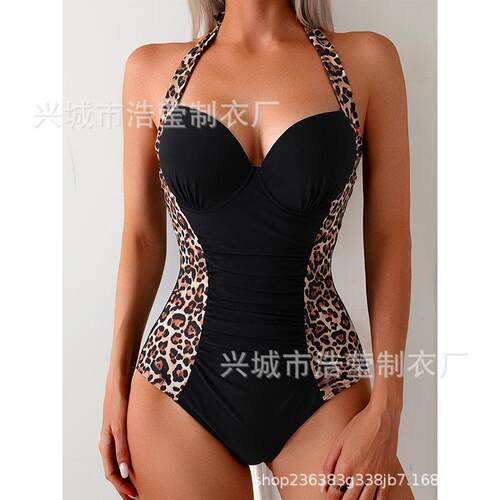 One piece hanging neck swimsuit with patchwork printed