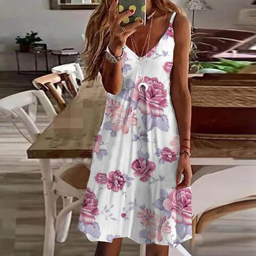 Dress with camisole, sleeveless collar, printed mid skirt,