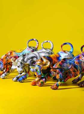 跨境创意水转印炫彩华尔街牛摆件工艺品树脂家居客厅玄关桌面装饰