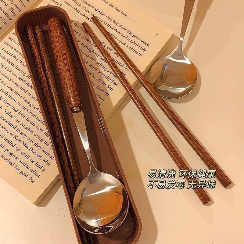 便携式餐具焦鸡翅木!高级感圆柱木柄筷子勺子外出自带便携学生