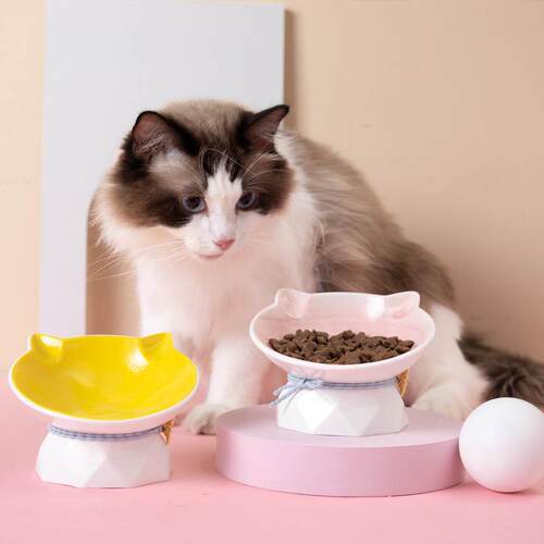 卡通陶瓷猫碗保护颈椎幼猫猫咪斜口浅口猫粮食盆倾斜单碗