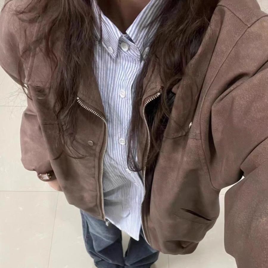 美式麂皮外套女秋冬季复古高街翻领百搭学生宽松情侣夹克棒球服潮
