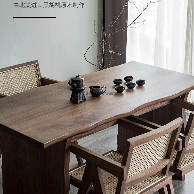 北美黑胡桃木现代别墅餐桌茶桌办公桌北欧简约自然边原木大桌定制
