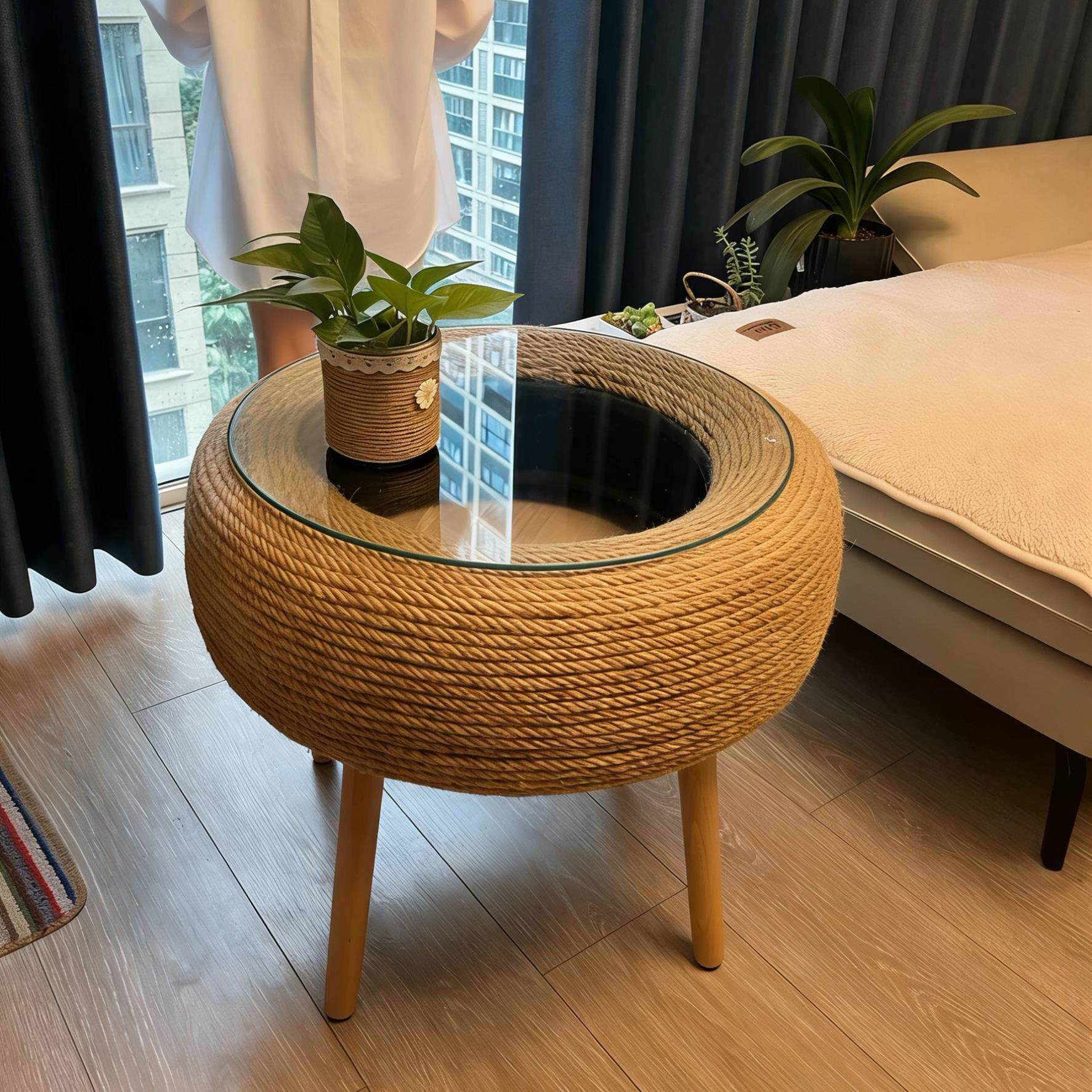 轮胎茶几材料麻绳茶几专用手工DIY轮胎改造桌子圆面钢化玻璃茶几