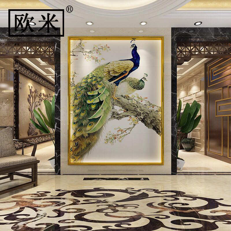 瓷砖背景墙电视沙发客厅影视墙现代中式雕刻微晶石砖背景墙孔雀