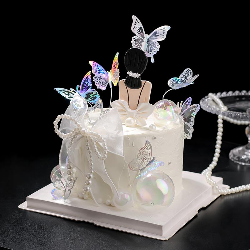 网红38女神节蛋糕装饰女王女神背影切模蝴蝶透明球摆件丝带蜡烛
