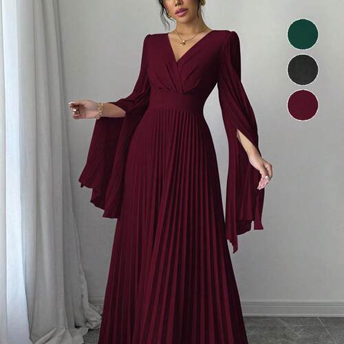 Women's Elegant Fitted A-Line Maxi Dress  Flounce Sleeves &