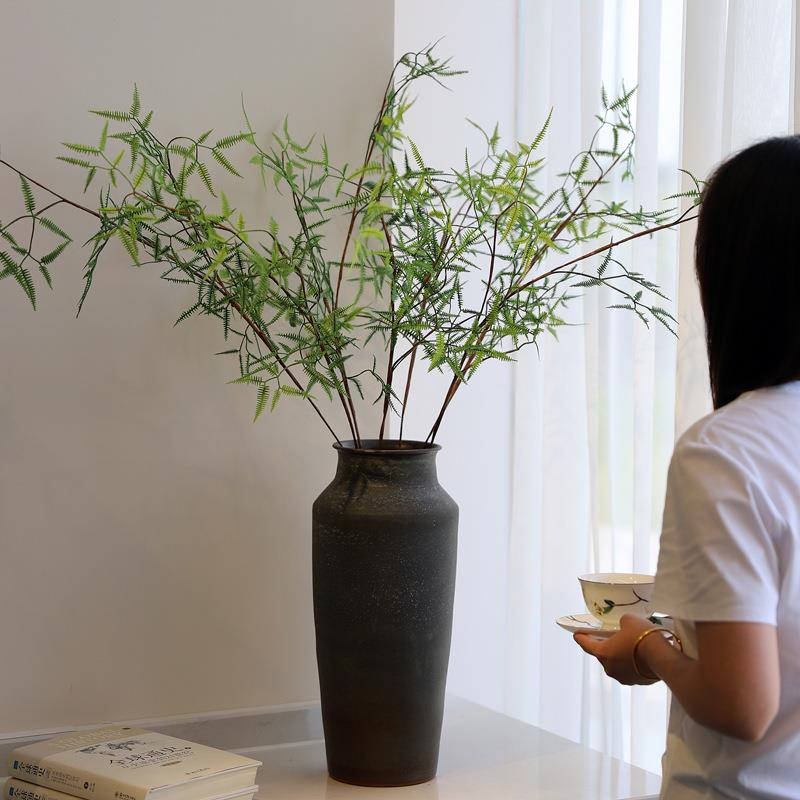中古风家居摆件纯手工陶瓷花瓶黑色高档落地瓷瓶客厅玄关插花器