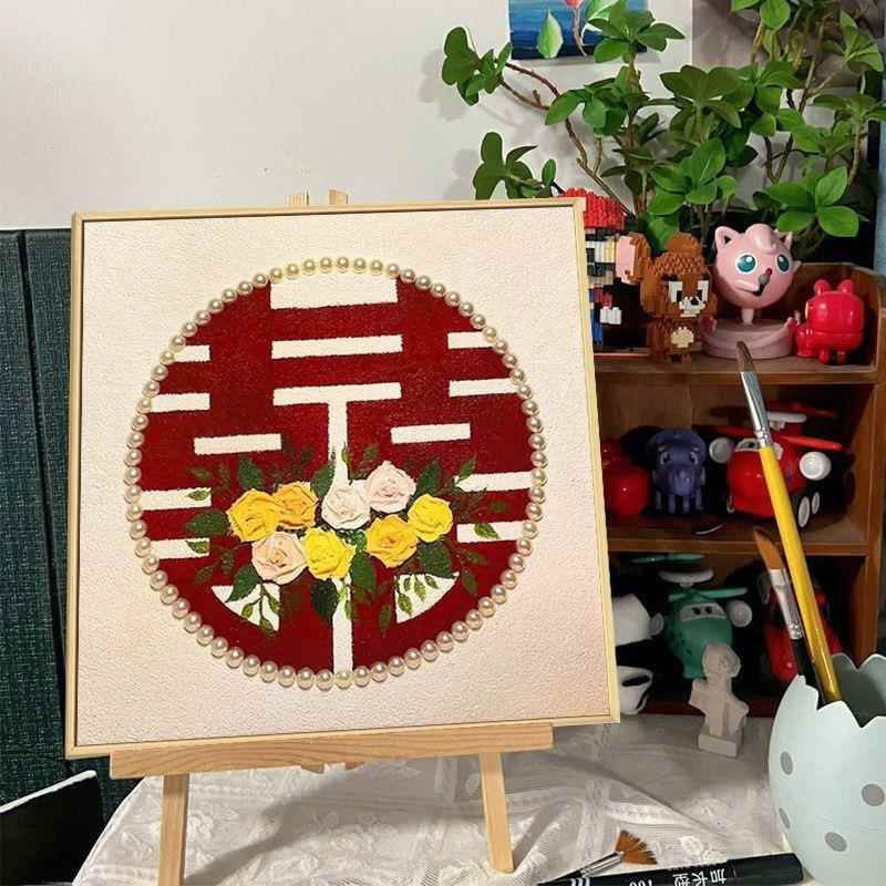 红双喜字手工diy石英砂丙烯肌理画 家居卧室装饰挂画创意结婚礼品图片