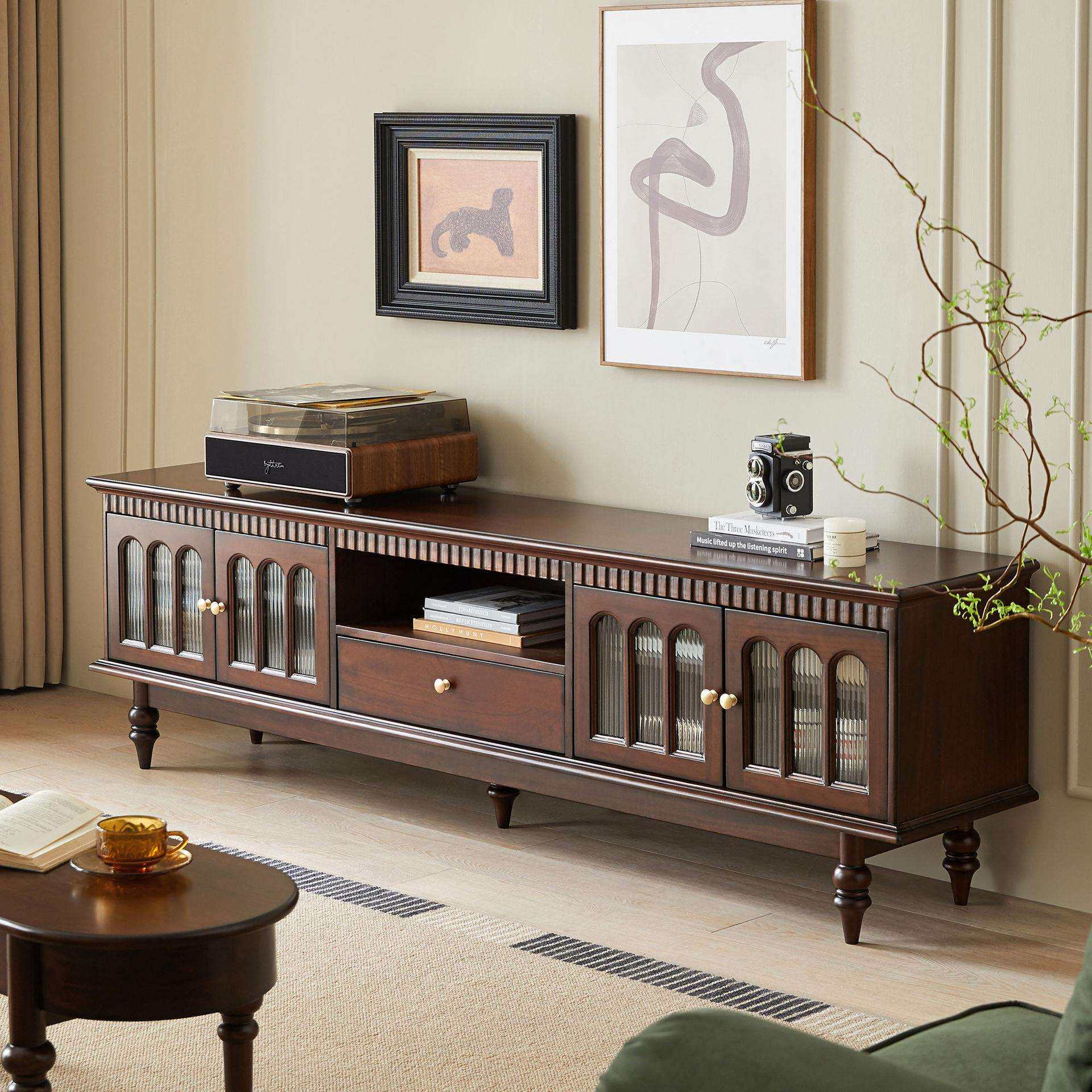 美式复古整装款电视柜轻奢靠墙实木落地柜现代简约家用客厅装饰柜