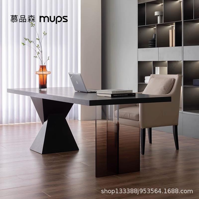 意式极简书桌家用亚克力电脑桌简约客厅实木办公桌设计师长工作台