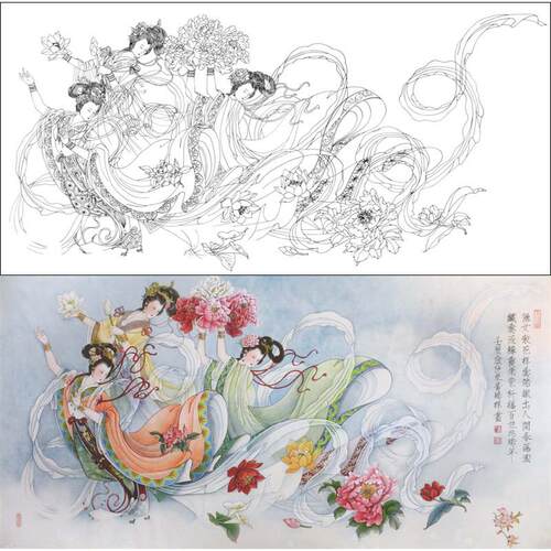 高清工笔画仕女天女散花图白描底稿线描稿人物临摹练习打印稿X861