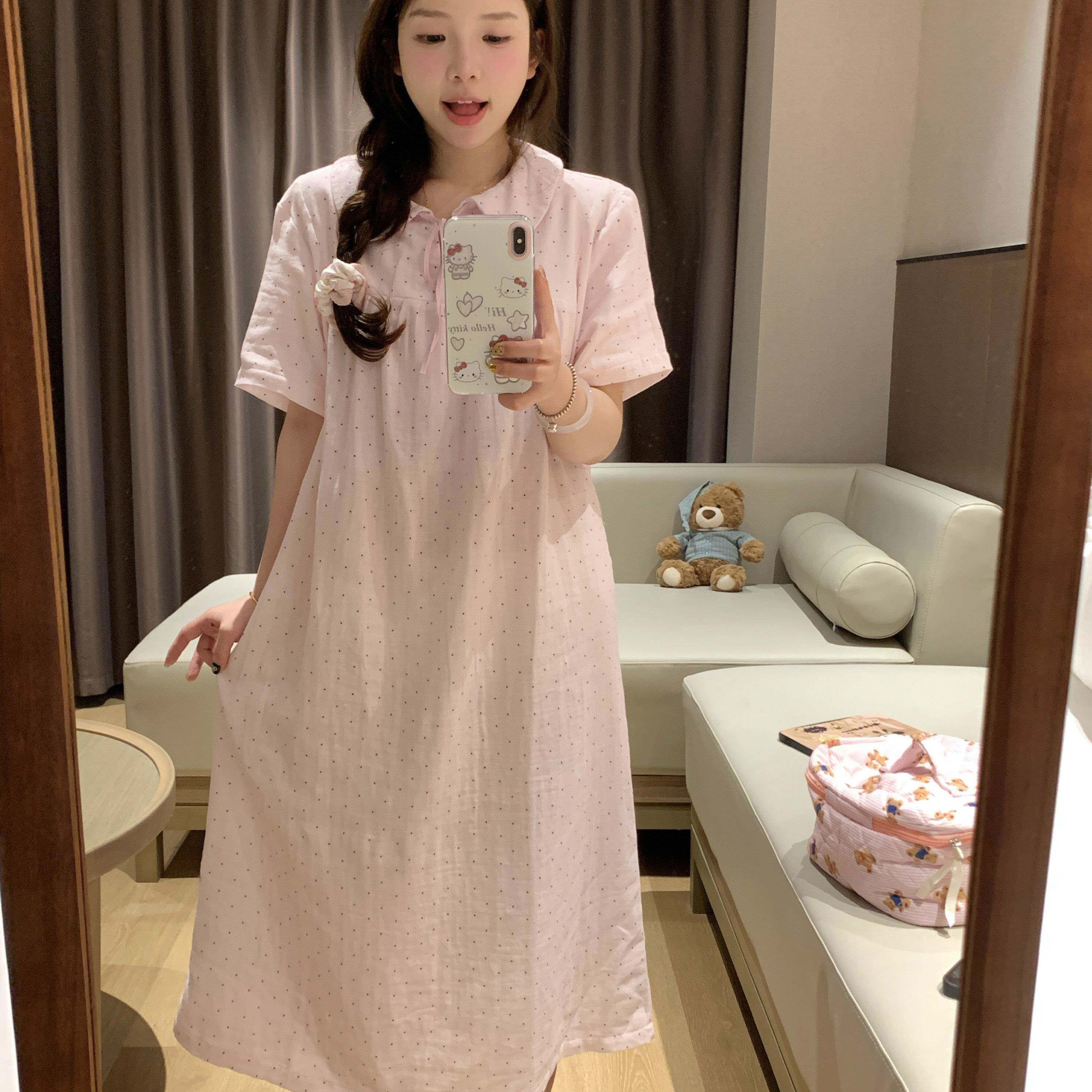 大尺码波点棉纱睡衣夏季少女款短袖宽松睡裙2026新款家居洋装夏天