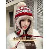 加绒加厚毛线帽子女秋冬韩版 显脸小保暖骑行护耳防寒大头围雷锋帽