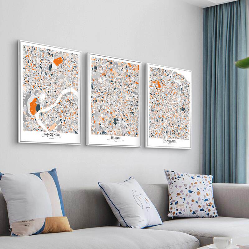 定制画北欧线描城市地图装饰画客厅沙发背景墙挂画餐厅壁画