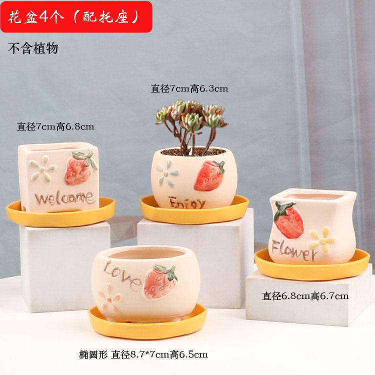 多肉花盆陶瓷圆形简约创意个性透气室内家用小绿植盆栽摆件带托
