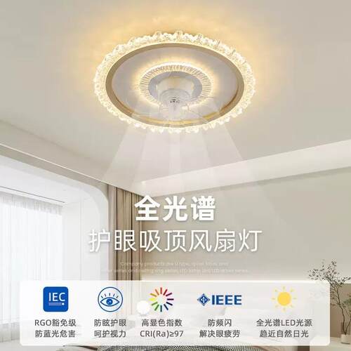 卧室风扇灯2026新款轻奢法式摇头儿童吊扇灯客厅主卧水晶吸顶灯