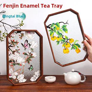 非物质文化遗产手工DIY海棠玻璃茶盘木制装饰品景泰蓝装饰画礼品