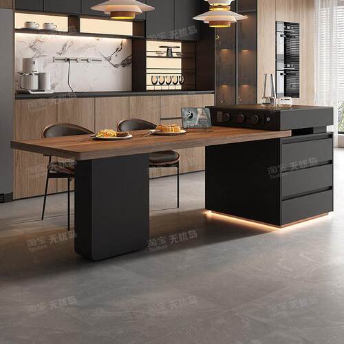 定制意式极简倒小户型开入式厨房可伸缩岩板岛台餐桌一体家用导台