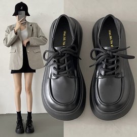 女厚底乐福鞋2024年秋季松糕，鞋子英伦风粗跟单鞋，jk黑色小皮鞋