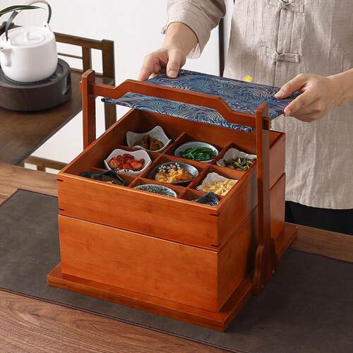 中式覆古多层野餐篮手提篮茶具收纳盒点心篮结婚食盒送饭送餐盒