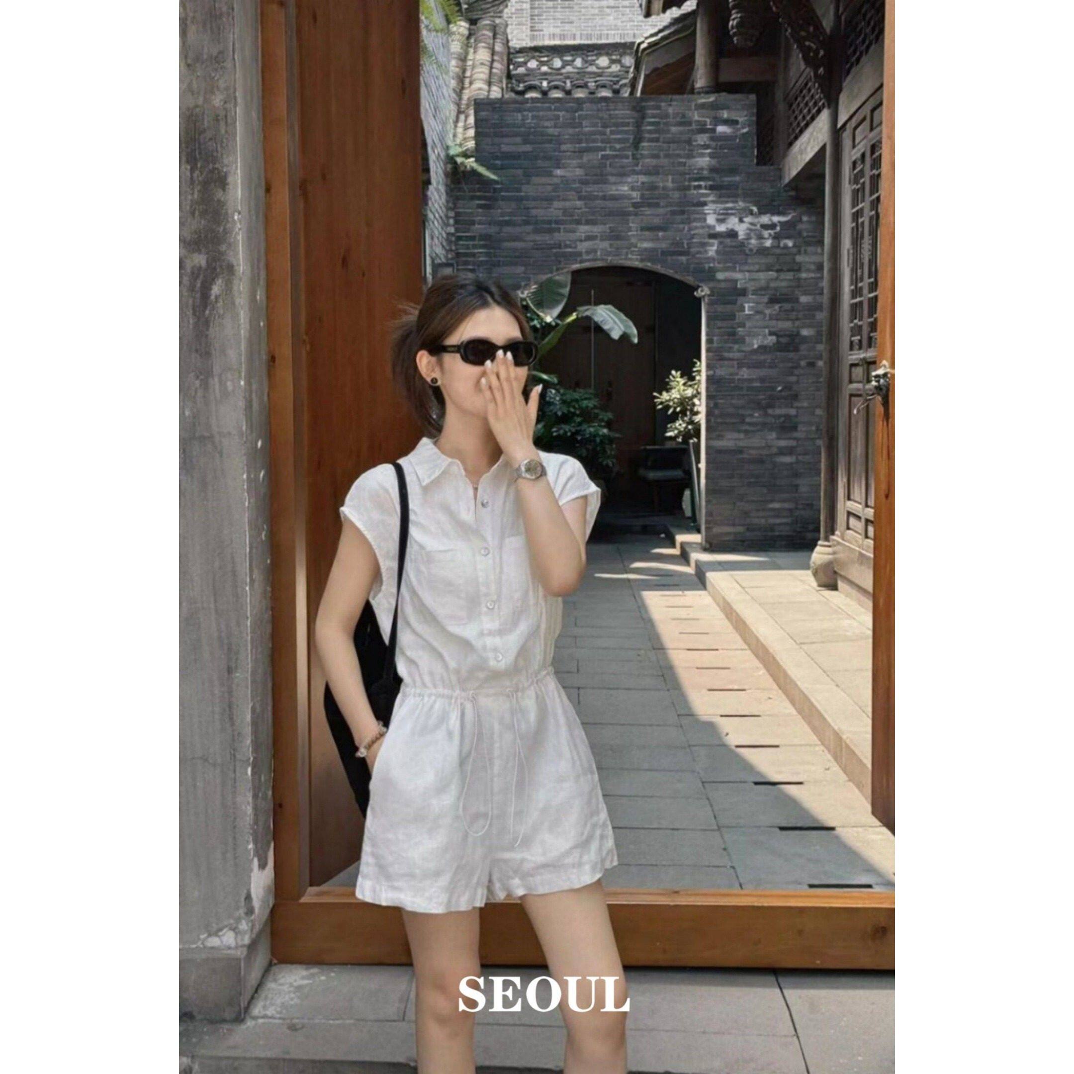SEOUL喵/白色高端亚麻连身裤女2026夏季新款高级感显瘦连衣短裤潮