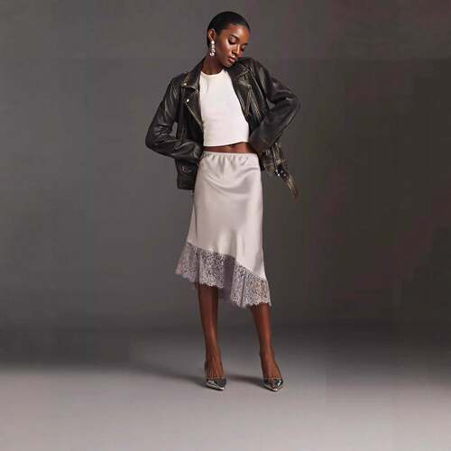 Women's Stylish Satin Midi Skirt - Polka Dot/Solid Design