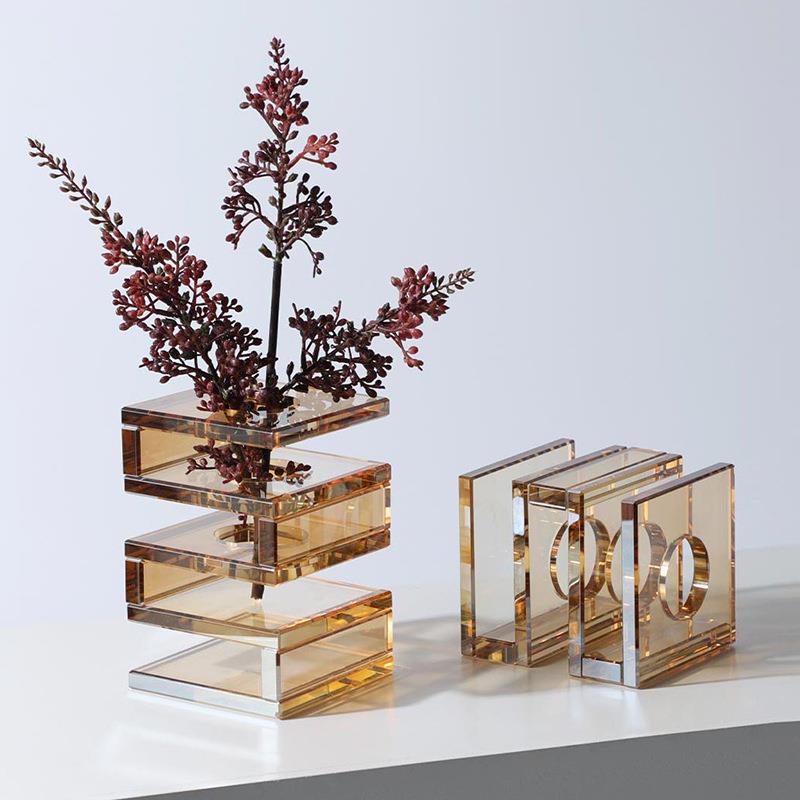 现代欧式轻奢S方形水晶花瓶客厅桌面插花器软高级设计师饰品摆件