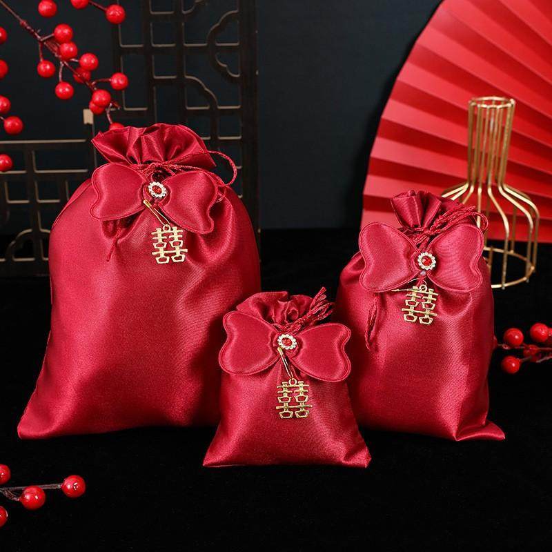 结婚用的喜袋婚礼瓜子花生喜糖袋网纱糖果袋束口婚庆喜事红色袋子