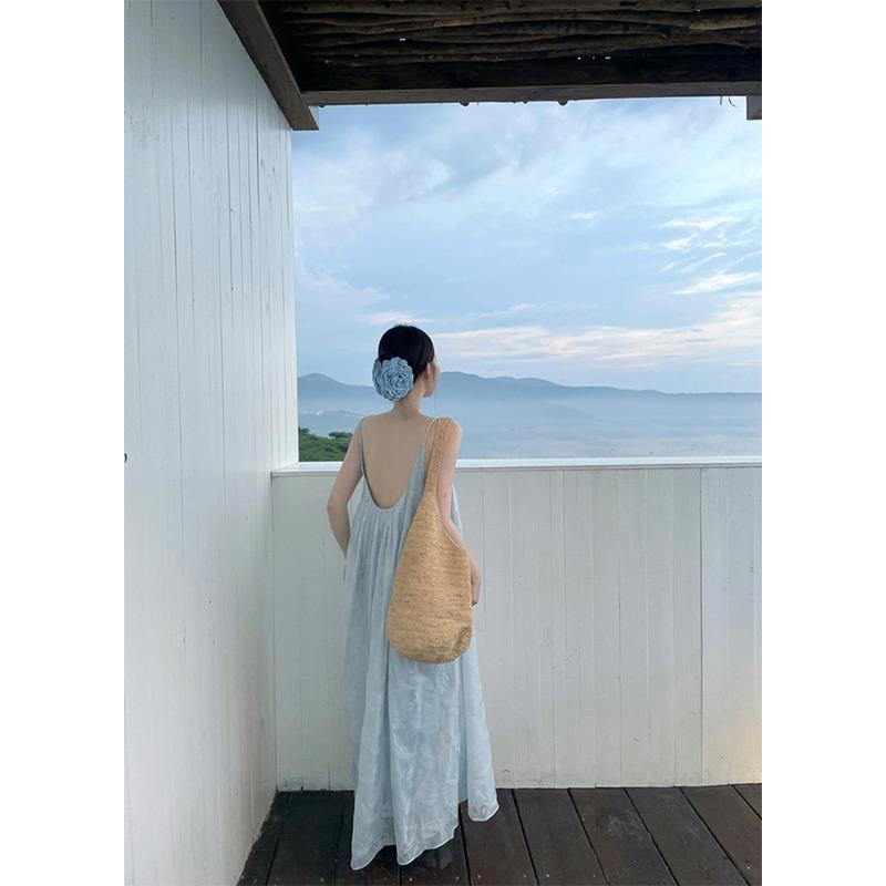 法国Rixo Kelly褶皱露背吊带连衣裙女高级感宽松海边度假提花长裙