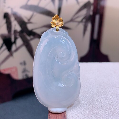 缅甸天然真品翡翠18k金扣头冰种高端精品珠宝闪拍如意玉吊坠