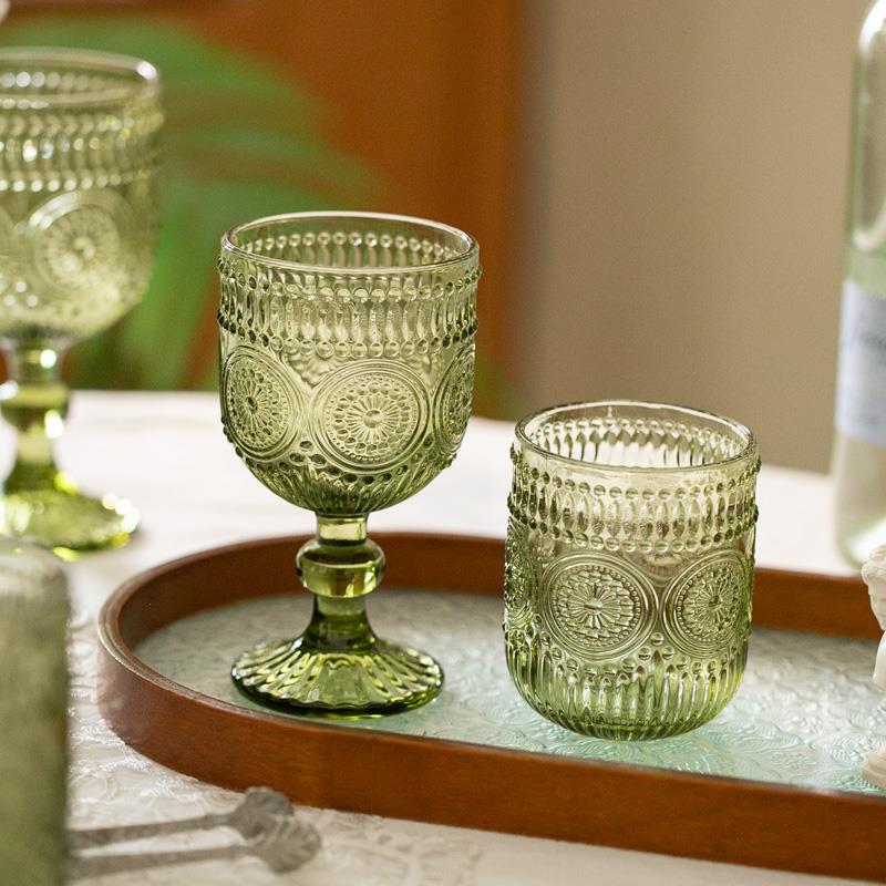 法式浮雕玻璃杯 高脚水杯 红酒杯 中古复古杯 欧式太阳花漱口杯
