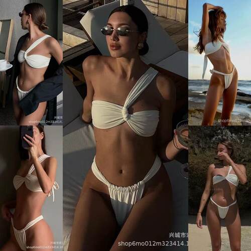 Two-Piece Set Womens Solid One Shoulder Bikini Set Casual