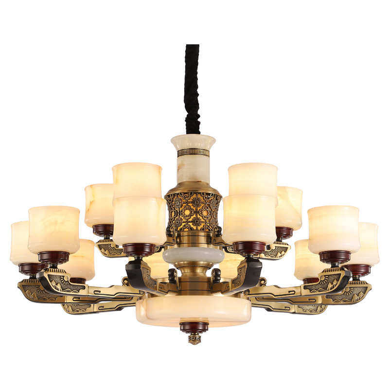 新中式玉石大吊灯复式楼挑空大厅全铜灯具高档别墅住宅四层玉石灯