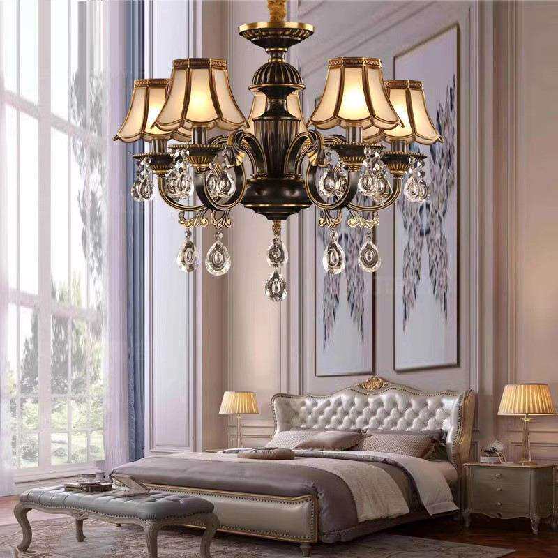 欧式全铜水晶吊灯客厅卧室书房简美式黑擦金复古餐桌铜艺灯饰灯具