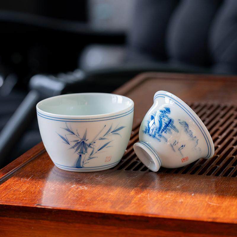 家用陶瓷功夫茶具套装手绘青花喝茶主人单杯茶杯复古品茗杯包邮