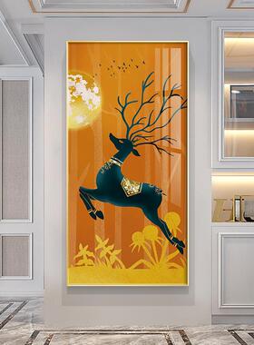 金鹿望月现代轻奢风格玄关装饰画橙黄色小鹿壁画客厅走廊挂画