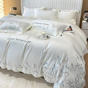 兰精100支LF天丝刺绣四件套夏季 纯色刺绣真丝床单床笠款